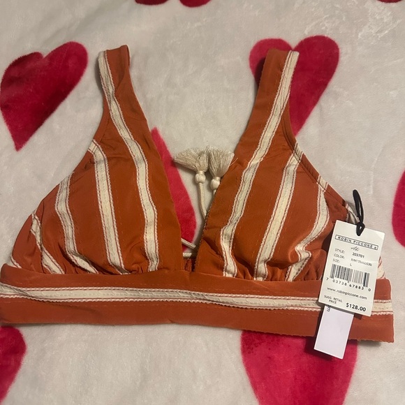 NWT ROBIN PICCONE Abi Bikini Top Striped Tie Back in Burnt Oranges/Ecru - Picture 2 of 11